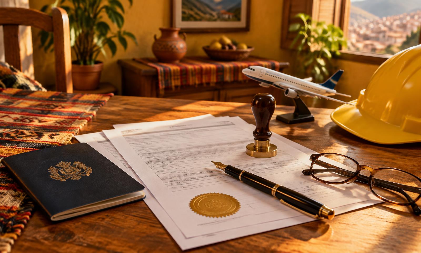 Notarized travel forms with a notary seal on a wooden table