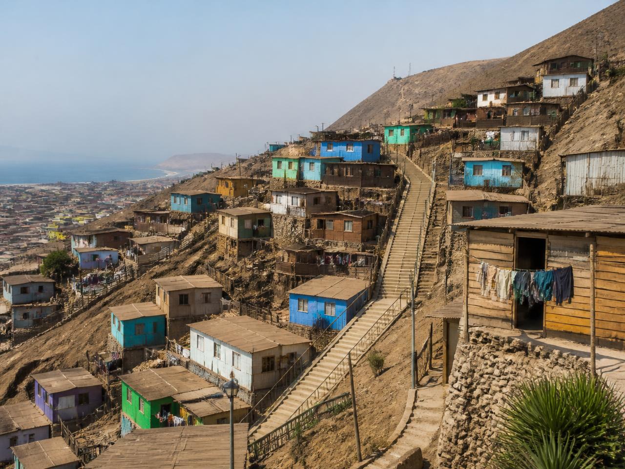 Hillside community on the outskirts of Lima with staircases connecting homes
